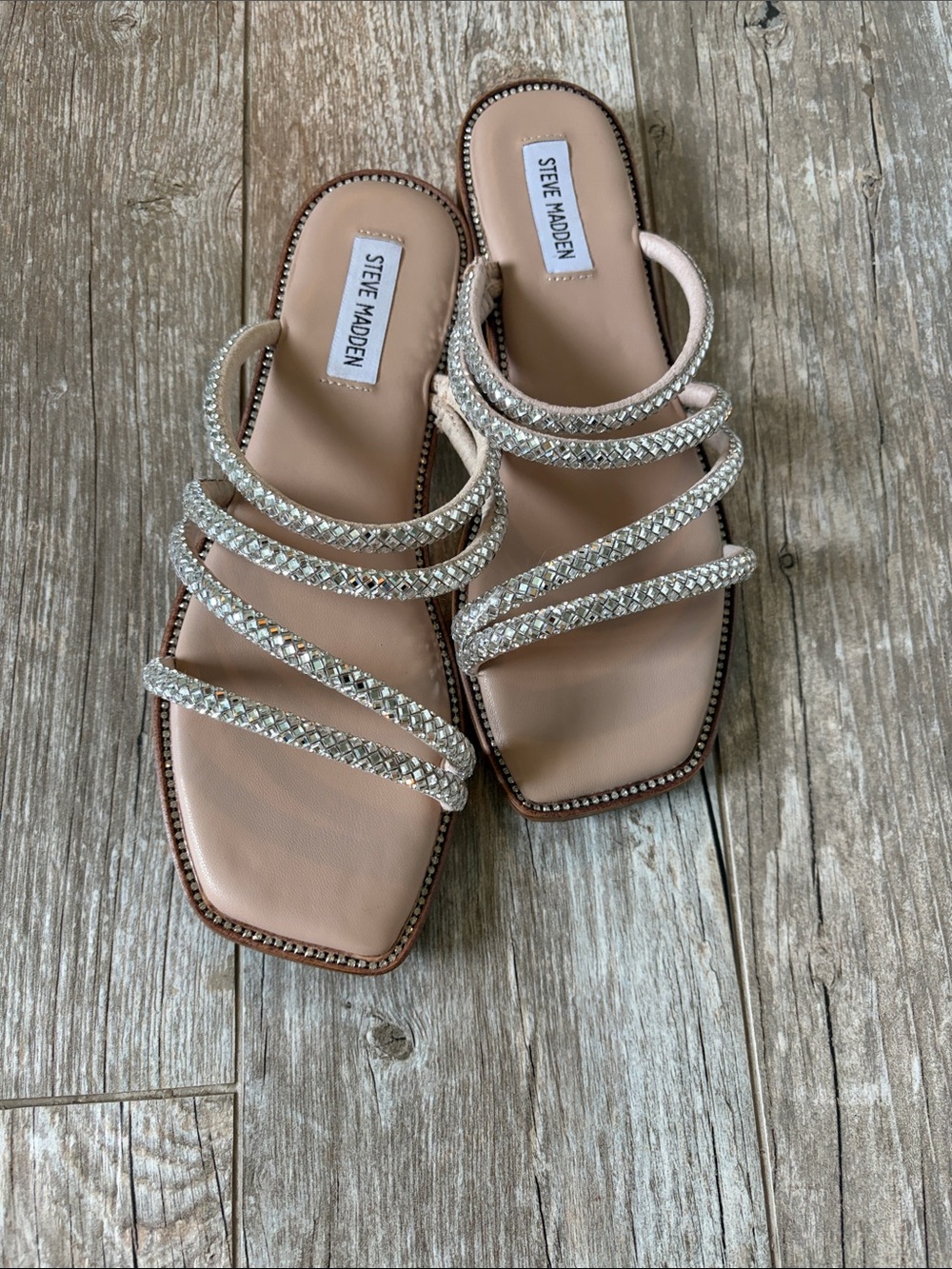 Steve Madden rhinestone sparkle neutral/tan sandals sz 8.5 gorgeous & comfy! LN
